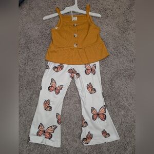 Kids Mustard Top and Butterfly Print Pants Set